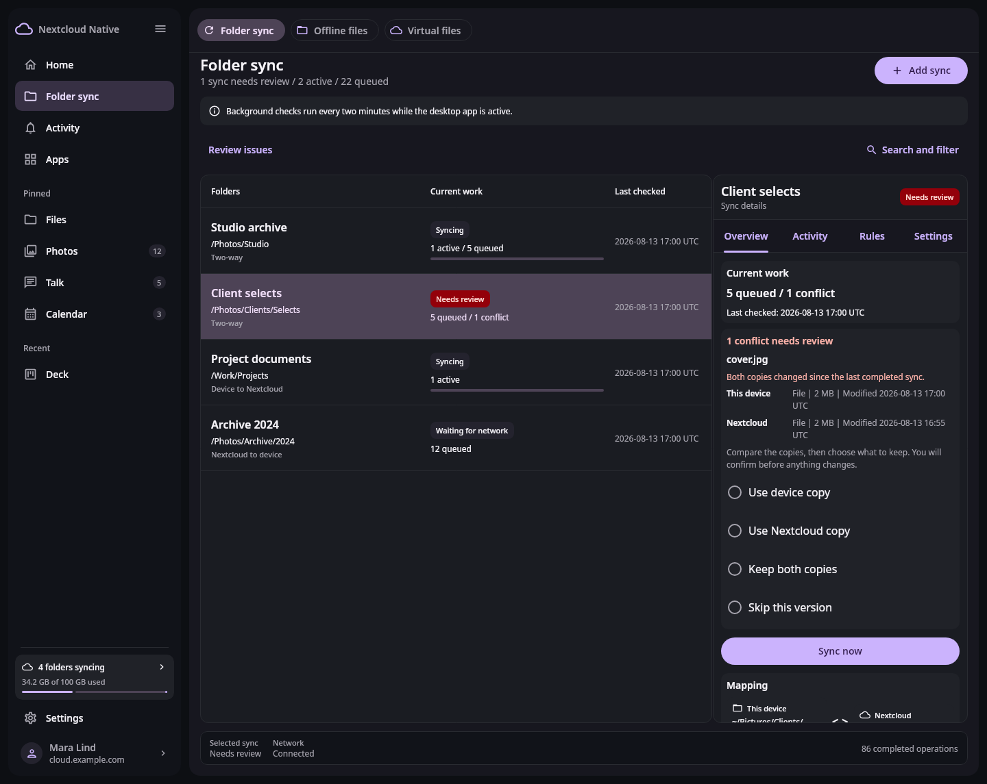 Nextcloud Native desktop folder sync center showing several synthetic folder pairs, live progress, a conflict, and a detailed inspector