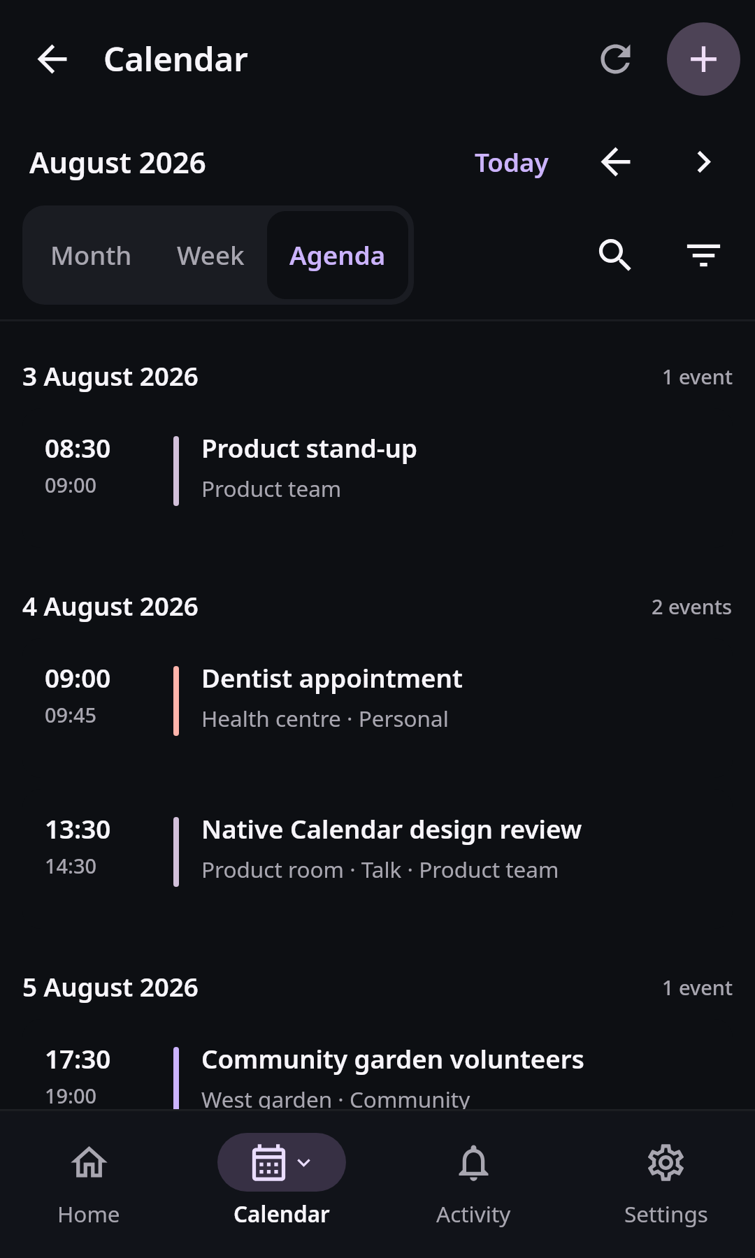 Nextcloud Native Android Calendar agenda with touch-sized event rows, times, locations, multiple calendar sources, and the create-event control