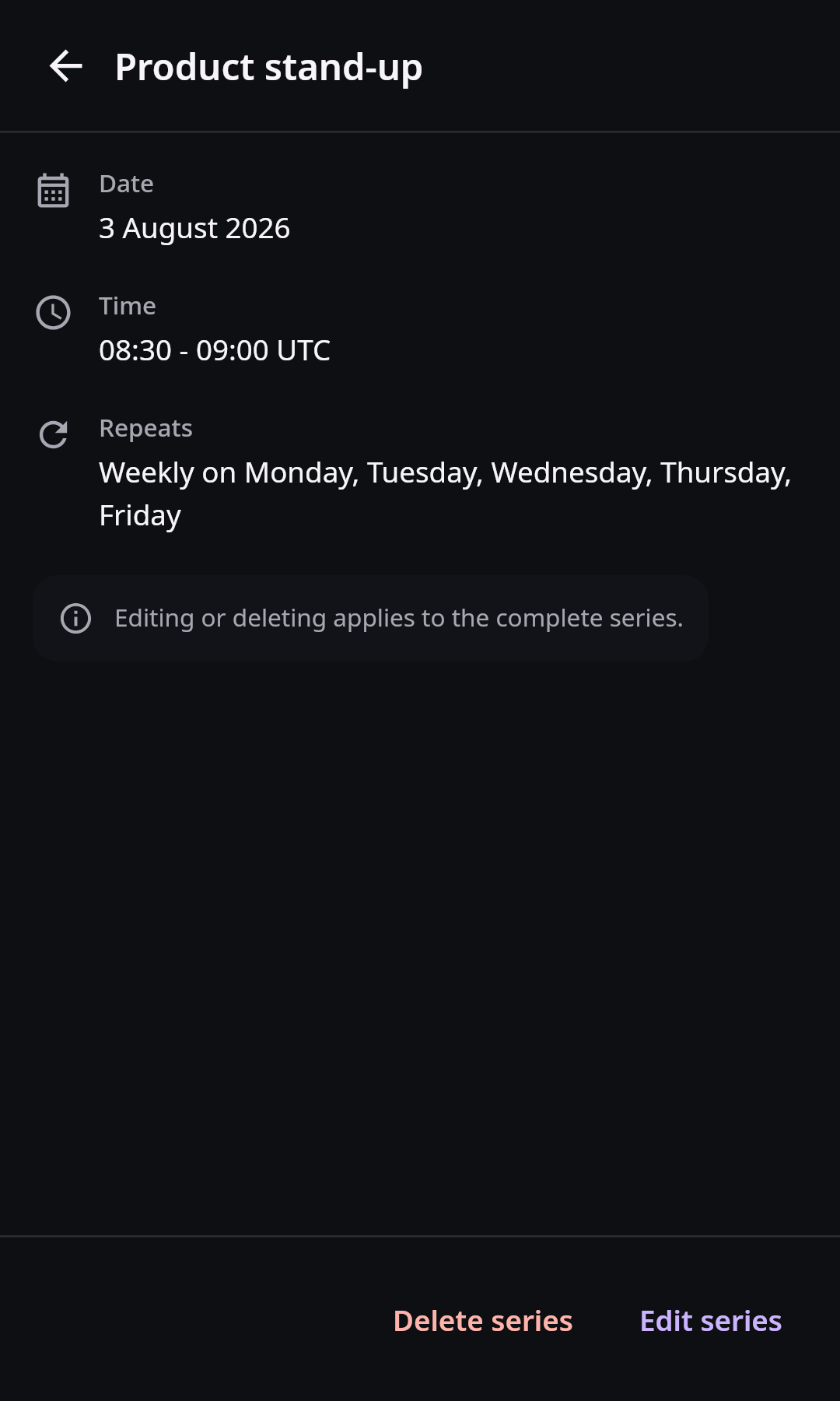 Nextcloud Native Android event detail showing date, time, recurrence, Edit series, Delete series, and the authoritative recurring event context
