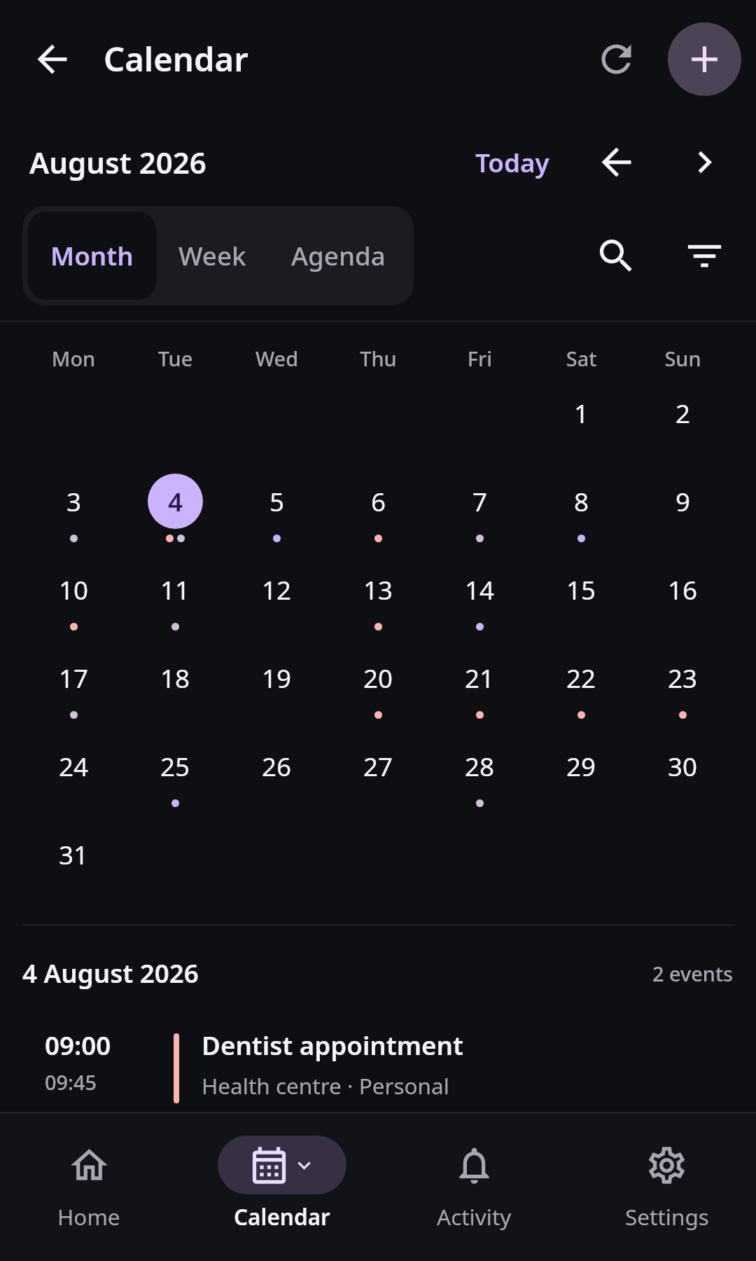 Nextcloud Native Android Calendar month view with previous and next navigation, Today, visible events, selected date, source labels, refresh, and add action
