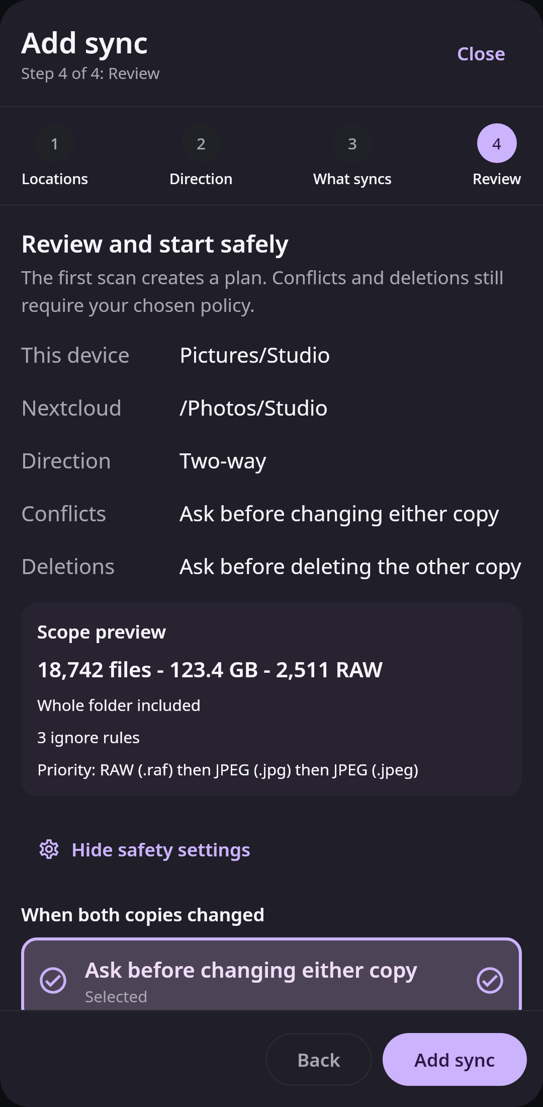 Nextcloud Native Android folder-sync review showing both roots, two-way direction, selected-content summary, and the expanded conflict policy at the start of the scrollable safety settings