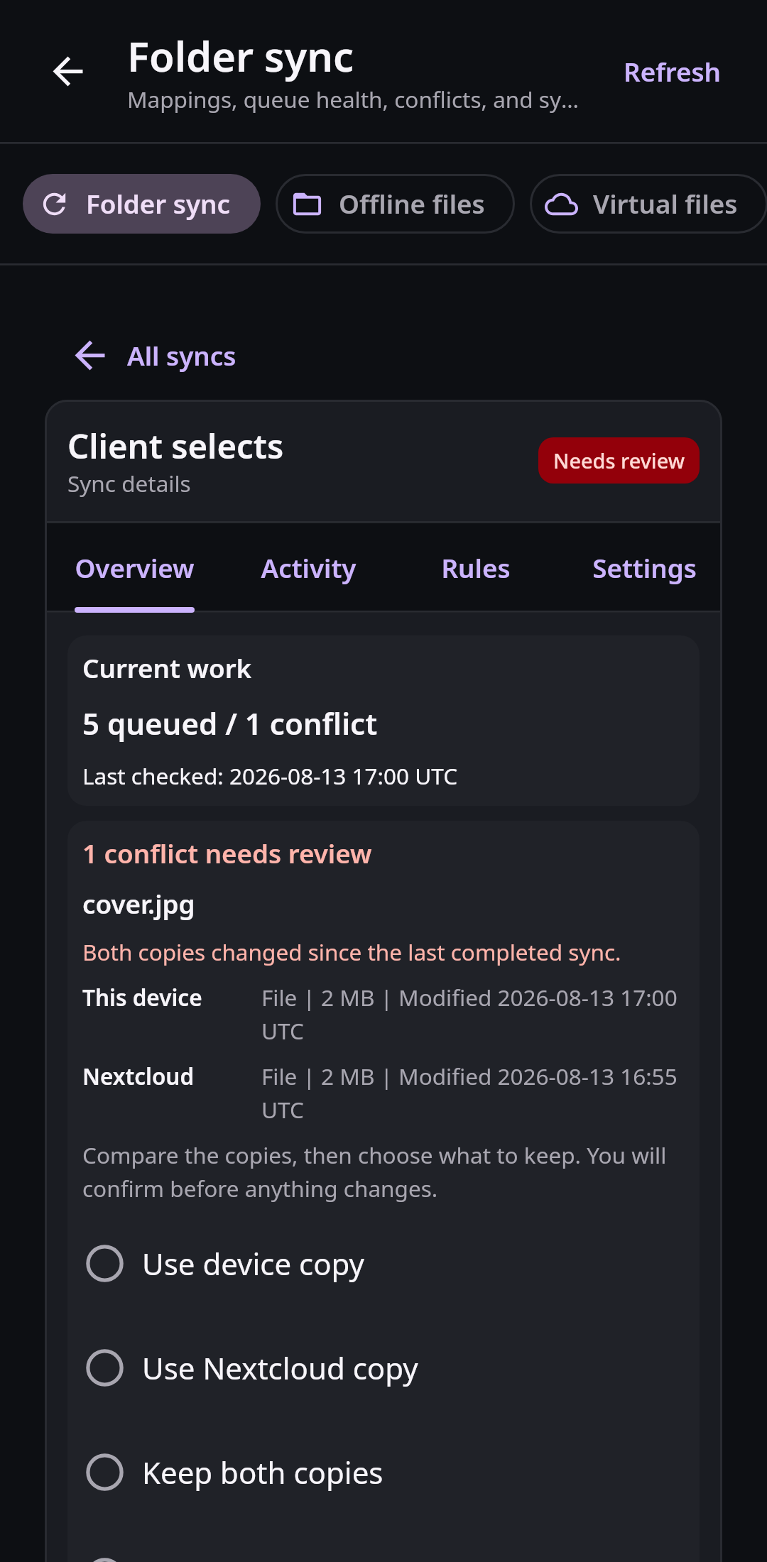 Nextcloud Native Android folder-sync center showing pair direction, queued work, last check, background schedule, conflicts, failures, and recovery actions