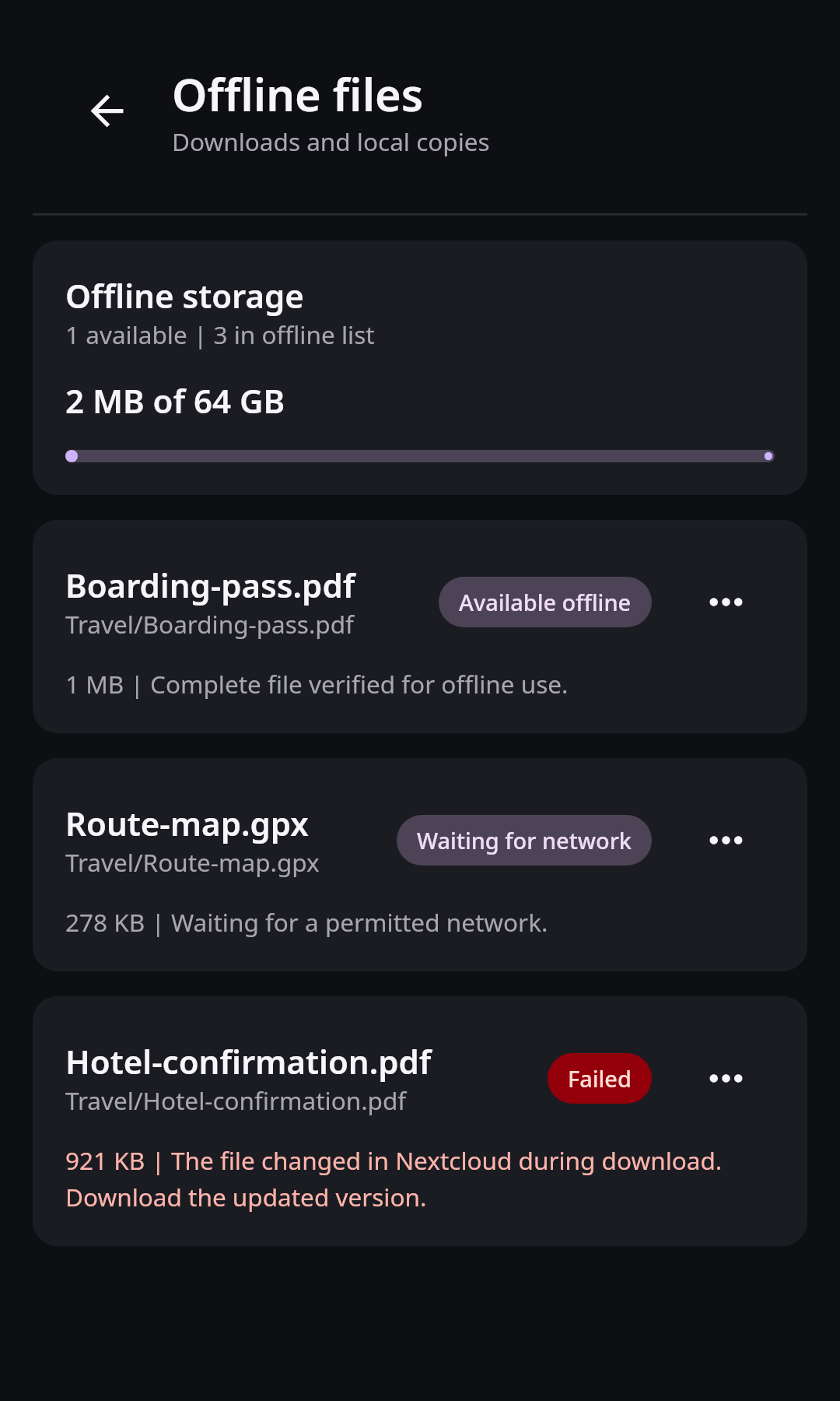 Nextcloud Native Android transfer view with pending, active, failed, and completed work separated into actionable states