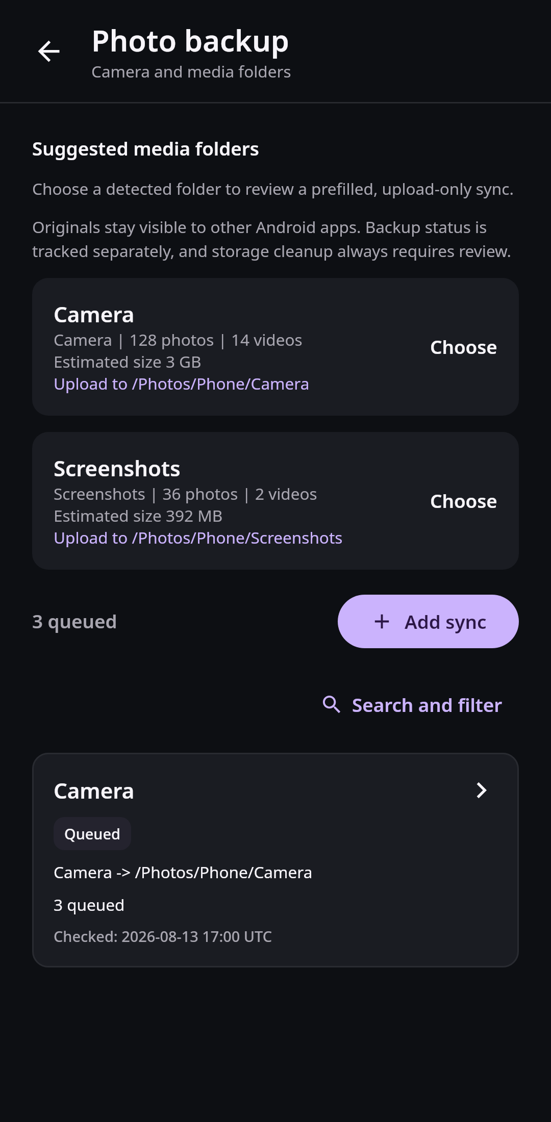 Nextcloud Native Android Photo backup screen showing detected Camera and Screenshots folders, item counts, estimated sizes, and proposed Nextcloud destinations