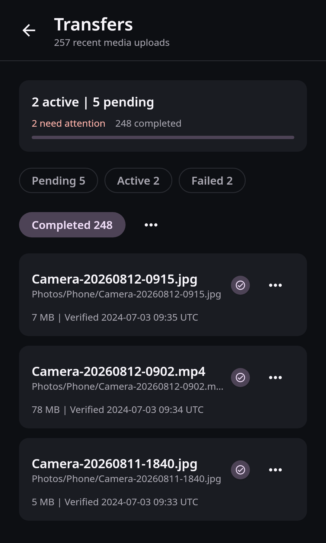 Nextcloud Native Android Media transfers with Completed selected and Camera photos and video carrying completed status icons