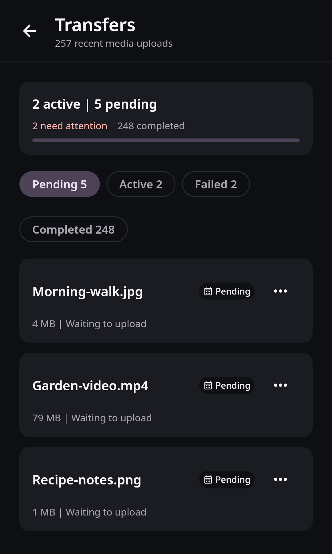 Nextcloud Native Android media transfer center with pending, uploading, failed, succeeded, changed, and cloud-only records grouped by actionable status