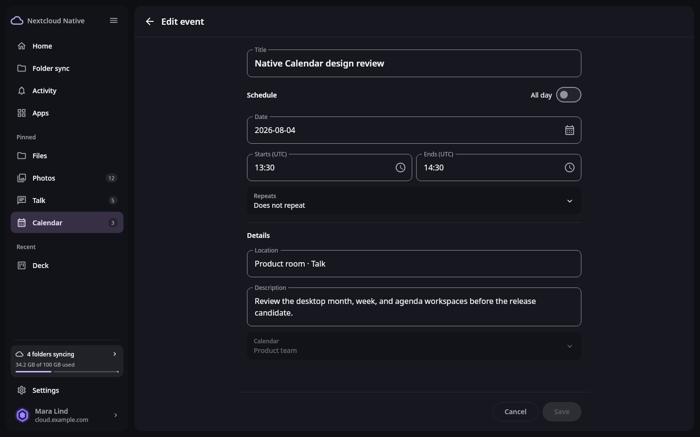 Nextcloud Native desktop event editor with title, recurrence, date, all-day toggle, start and end time, location, description, calendar selection, and Save