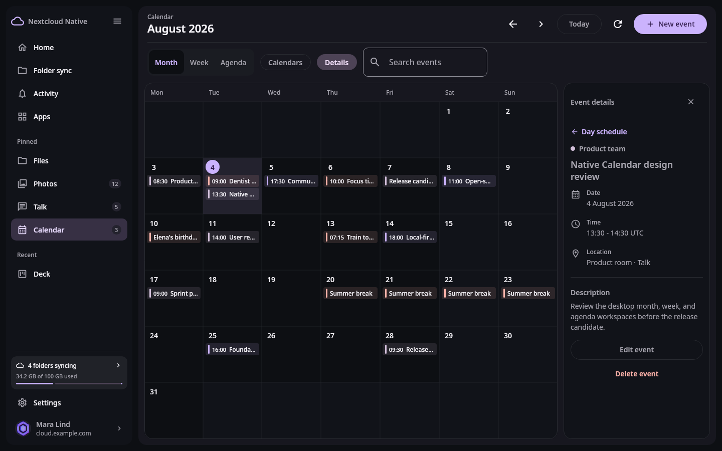 Nextcloud Native desktop Calendar month workspace with source list, date grid, event rows, search, selected event inspector, Today, refresh, and view controls