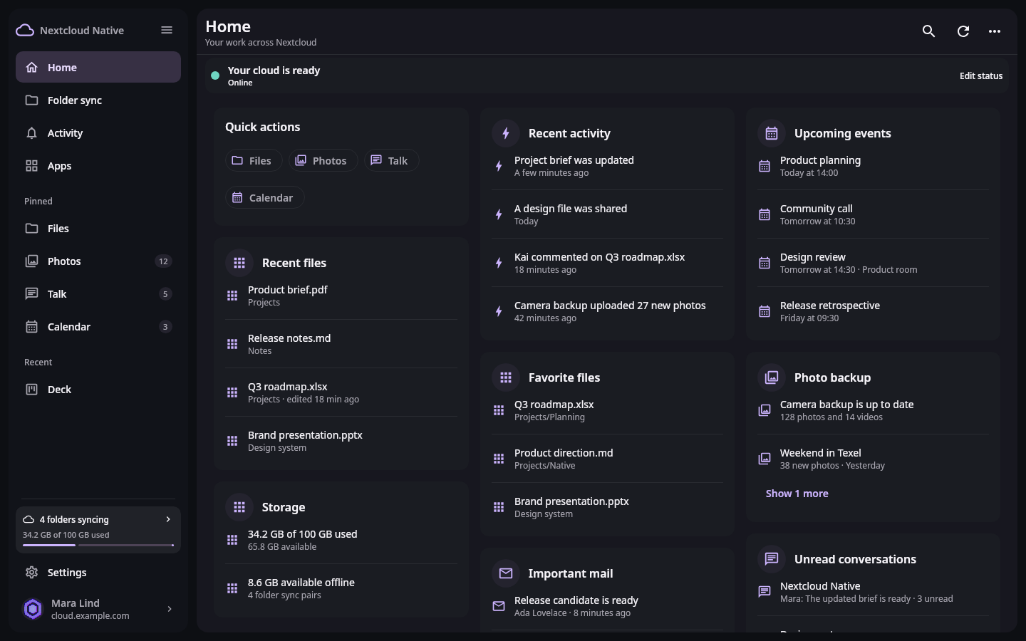 Nextcloud Native desktop Home workspace with connected account status, quick actions, recent files, upcoming events, storage, and persistent navigation