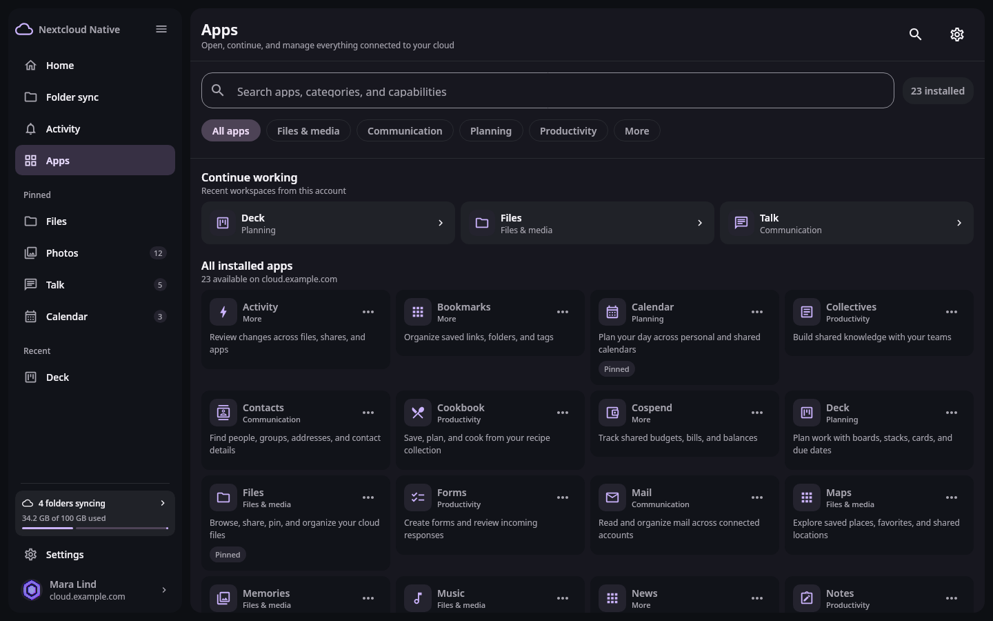 Apps workspace with pinned apps, recent work, app categories, installed app cards, search, and a persistent account sidebar
