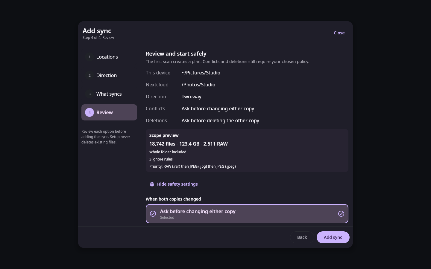 Nextcloud Native Linux folder-sync review showing both roots, two-way direction, file-count preview, and the expanded conflict policy at the start of the scrollable safety settings