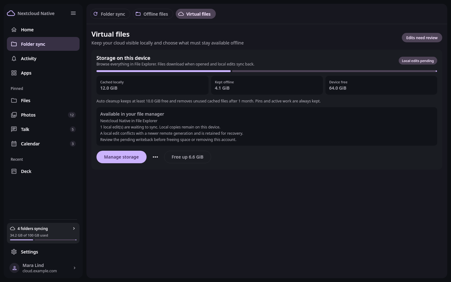 Nextcloud Native Windows virtual-file recovery state showing pending writebacks, a newer remote generation conflict, retained local edits, and attention guidance