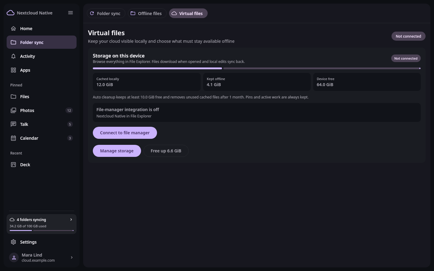 Nextcloud Native Windows sync and storage settings showing virtual files, account storage, local cache, and the system-integration action