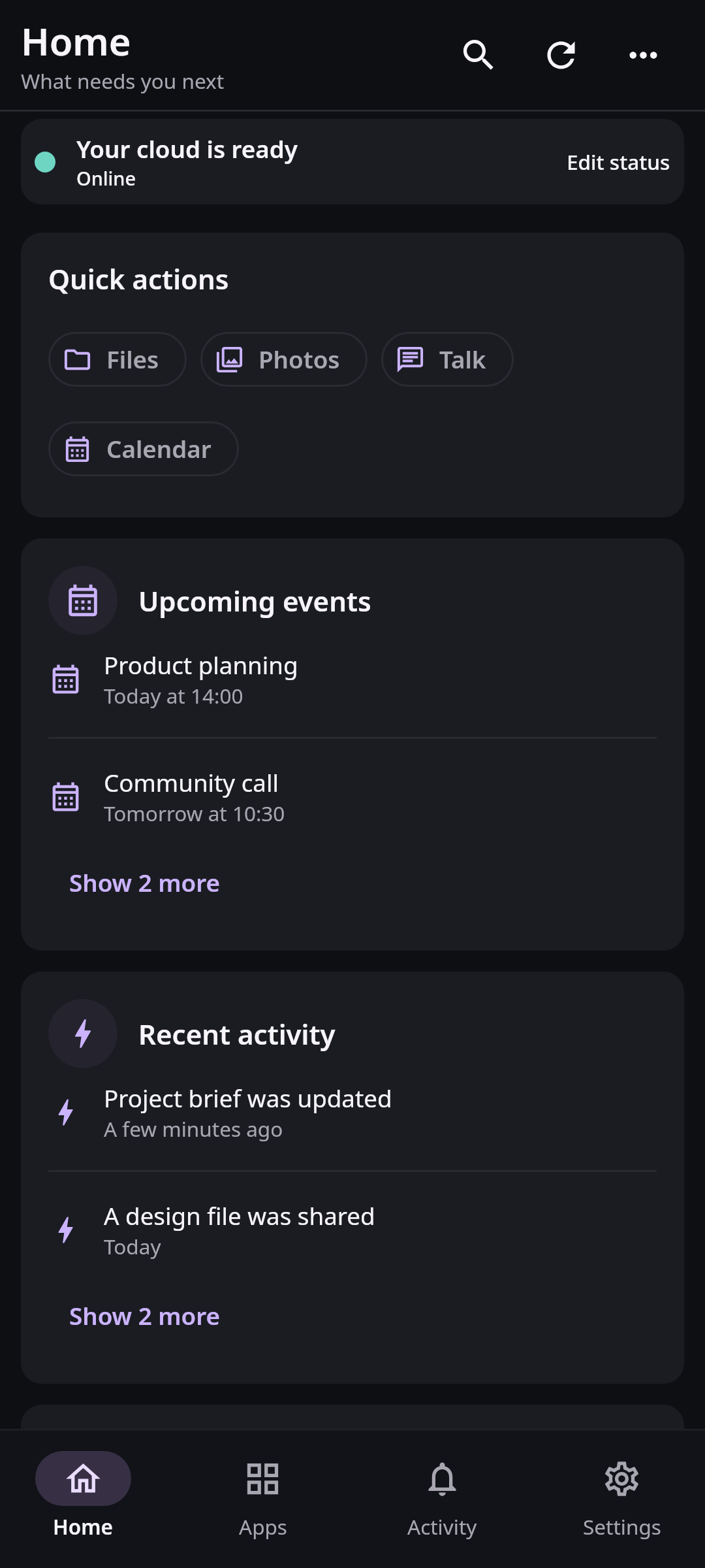 Nextcloud Native mobile home with files, conversations, events, and sync status