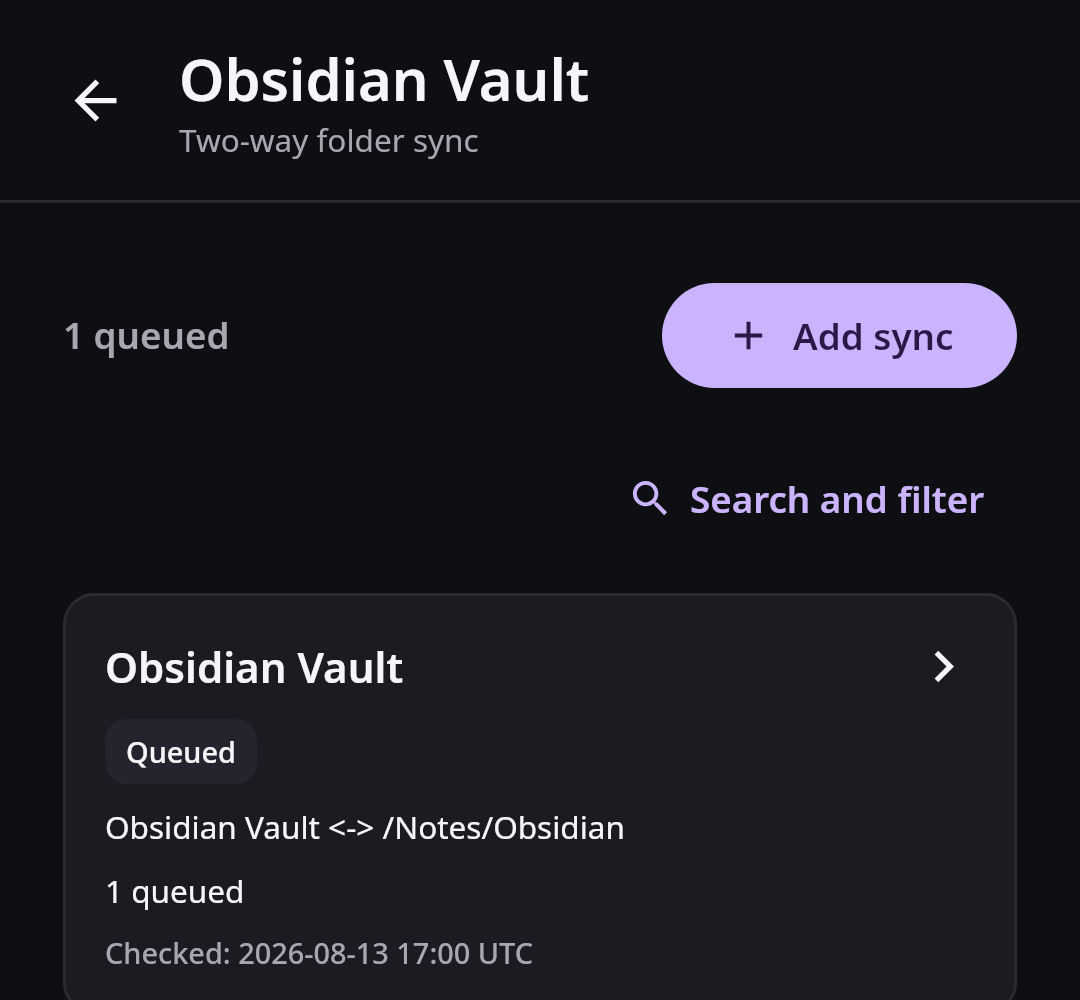 Nextcloud Native showing a synthetic Obsidian vault two-way sync pair with pending and completed transfer counts on mobile